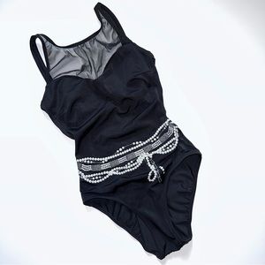 Gottex Vintage Black One Piece Swimsuit Size 6 Mesh Neckline Metallic Print Belt